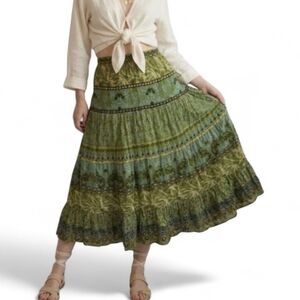 JM Collection Petite Boho Tiered Maxi Skirt - Olive Green Floral